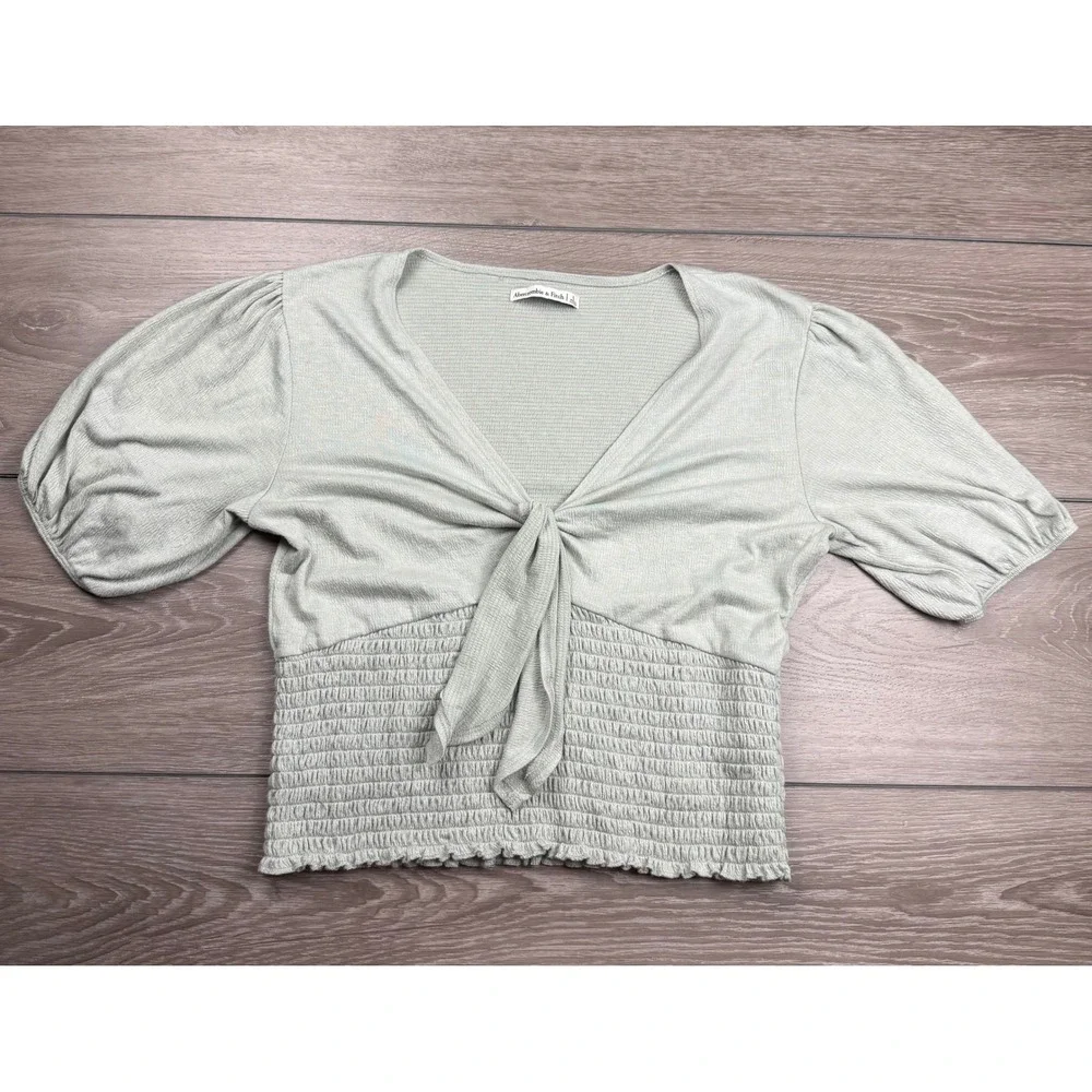 Abercrombie & Fitch Womens Top Smocked Tie Front Puff Sleeve Sage Green Large